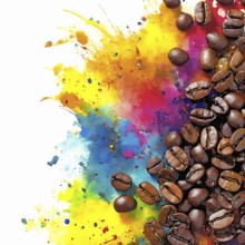Consumption theme showing coffee beans in multicolored vibrant splashy ambiance. AI generated image