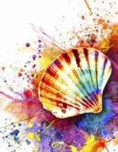 Symbolic theme showing a great scallop shell in multicolored vibrant splashy ambiance. AI generated