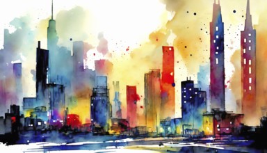 AI generated image showing the colorful illuminated skyline and some houses of a big city,