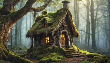 AI generated image showing a dense foggy forest including a mossy overgrown witch house