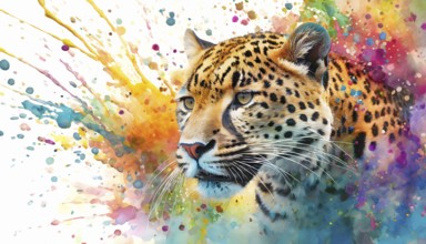Safari and wildlife theme showing the portrait of a jaguar in multicolored vibrant splashy ambiance