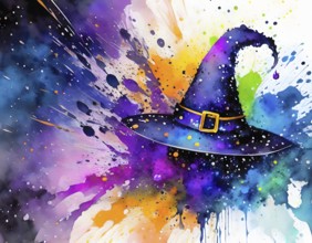 Magic and mystery theme showing a witch hat in multicolored vibrant splashy ambiance. AI generated