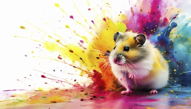 Pet and animal theme showing a hamster in multicolored vibrant splashy ambiance. AI generated image