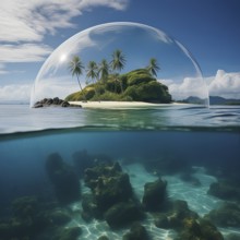 Small tropical island under a transparent sphere in sunny ambiance, AI generated image