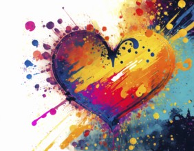 Love theme theme showing a heart symbol in multicolored vibrant splashy ambiance. AI generated