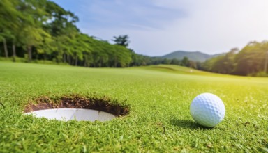 AI generated image showing a golf ball near hole on a course in sunny ambiance