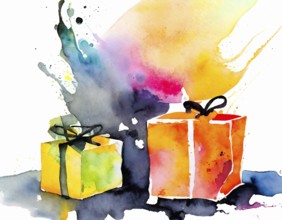 AI generated image showing some colorful presents, watercolor style with splashes and spots in
