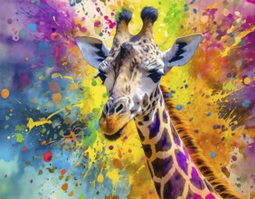 Wildlife and animal theme showing a giraffe in multicolored vibrant splashy ambiance. AI generated
