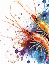 Seafood theme showing some shrimps in multicolored vibrant splashy ambiance. AI generated image