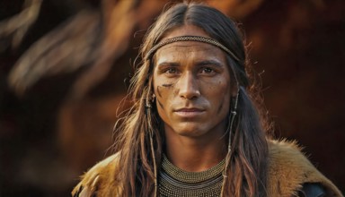 AI generated image showing the portrait of an native american man in blurry back