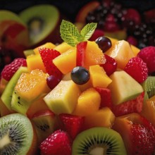 AI generated image showing a full frame fruit salad closeup with various fruit pieces