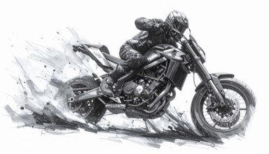 AI generated sketch of a motorcyclist in racing ambiance, with splashes, splatter and spots