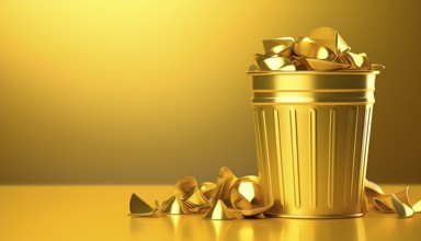 AI generated image showing a golden trash can in golden ambiance