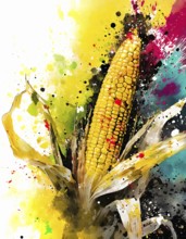 Food and agriculture theme showing a corncob in multicolored vibrant splashy ambiance. AI generated