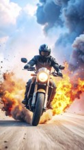 Ai generated image showing a driving motorcyclist on the road surrounded by fire and smoke