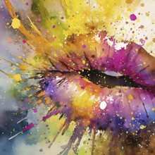Sensual theme showing a human mouth in multicolored vibrant splashy ambiance. AI generated image