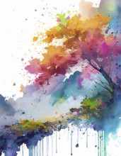 Nature, travel and outdoor theme showing a riparian landscape in multicolored vibrant splashy