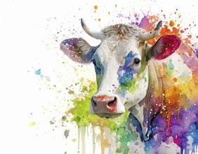 Animal and farming theme showing a cow in multicolored vibrant splashy ambiance. AI generated image
