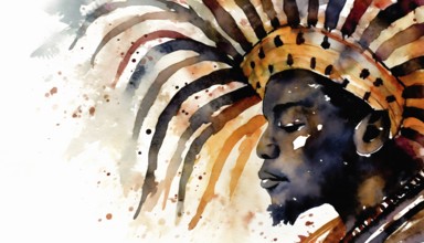 AI generated image showing the portrait of an african warrior with awesome headdress, watercolor