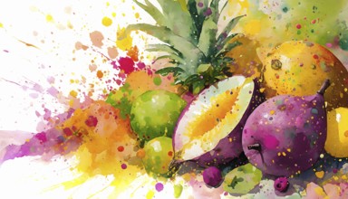 Food theme showing various fruits in multicolored vibrant splashy ambiance. AI generated image with