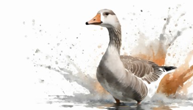 Animal and wildlife theme showing a goose in multicolored vibrant splashy ambiance. AI generated