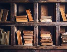 AI generated image showing old rundown books in a wooden bookshelf