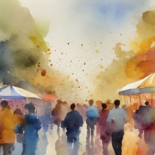 AI generated festivity theme showing a urban street market scenery with lots of people in