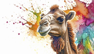 Animal and wildlife theme showing the portrait of a camel in multicolored vibrant splashy ambiance.