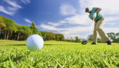 AI generated image showing a golf ball and golf club closeup on a course in sunny ambiance with