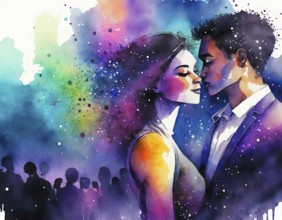 AI generated image showing a couple in a crowd at evening time, watercolor style with splashes and