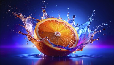 Halved orange fruit in flashy ambiance. AI illustration with light effects and liquid splashes, AI