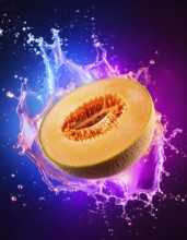 Halved honeydew melon in flashy ambiance. AI illustration with light effects and liquid splashes,