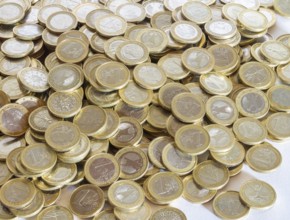 Full frame picture showing lots of 1 euro coins