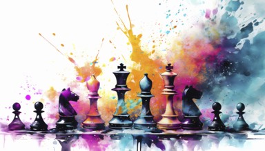 Gaming theme showing some chess pieces in multicolored vibrant splashy ambiance. AI generated image