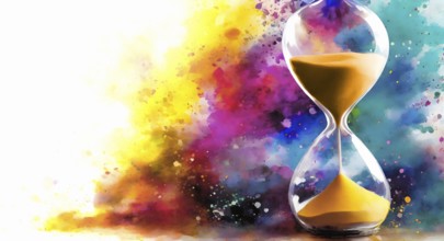 Passage of time theme showing a hourglass in multicolored vibrant splashy ambiance. AI generated