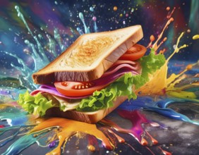 Fast food theme showing a sandwich in multicolored vibrant splashy ambiance. AI generated image