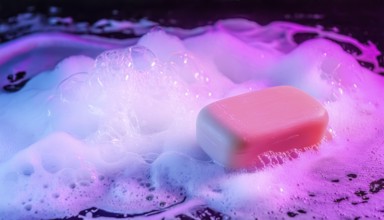 AI generated closeup image showing a soap bar and foam in colorful illuminated ambiance