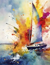 Seafaring and travel theme showing a sailboat in multicolored vibrant splashy ambiance. AI