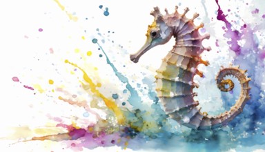 Marine animal theme showing a sea horse in multicolored vibrant splashy ambiance. AI generated