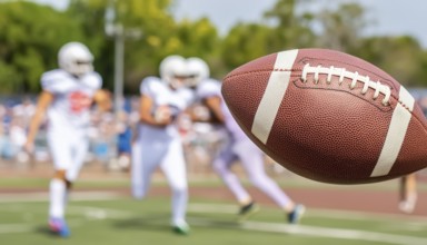 AI generated image showing a rugby scenery with ball closeup on a playing field with players