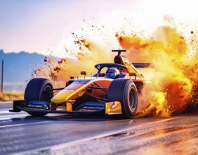 Flashy racing car in multicolored vibrant splashy ambiance. AI generated image with lots of