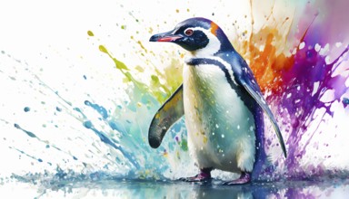 Animal and wildlife theme showing a penguin in wet multicolored vibrant splashy ambiance. AI