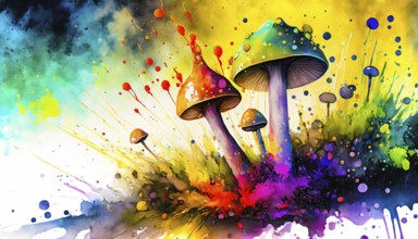 Recreational drugs theme showing some magic mushrooms in multicolored vibrant splashy ambiance. AI