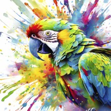 Wildlife and animal theme showing a parrot in multicolored vibrant splashy ambiance. AI generated