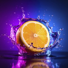 Orange fruit in flashy ambiance. AI illustration with light effects and liquid splashes, AI
