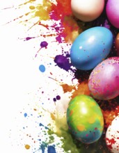 Easter theme showing colored Easter eggs in multicolored vibrant splashy ambiance. AI generated