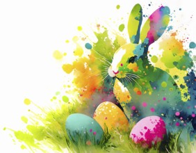 Easter theme showing colored Easter eggs and Easter Bunny in multicolored vibrant splashy ambiance.