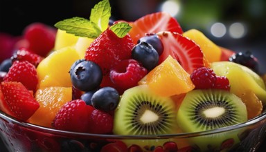 AI generated image showing a fruit salad bowl closeup with various fruit pieces
