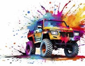 Outdoor and adventure theme showing a off-road vehicle in multicolored vibrant splashy ambiance. AI
