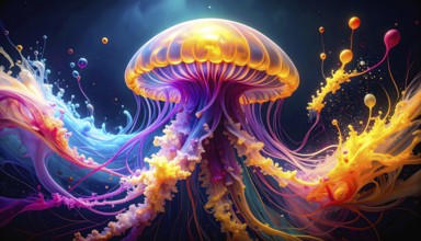 AI generated marine animal and sea life theme showing a floating jellyfish in dark ambiance with